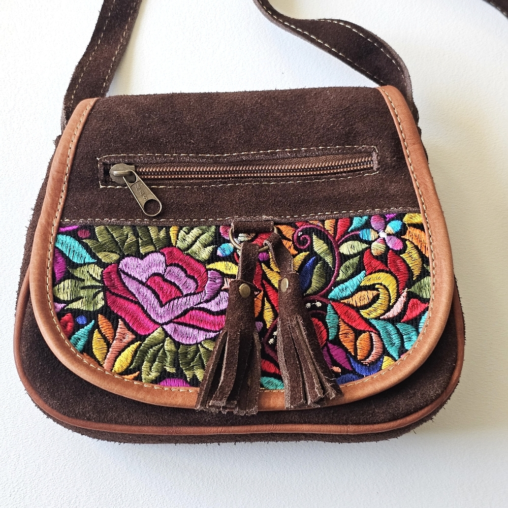 Boho Suede Embroidered Crossbody Purse | Floral Tassel Small Bag - Picture 2 of 11
